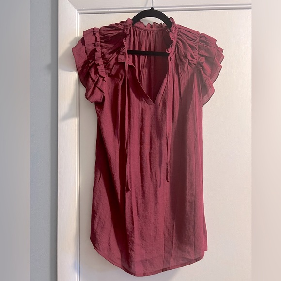 Burgundy V-neck Blouse with Ruffle sleeves - Picture 3 of 3